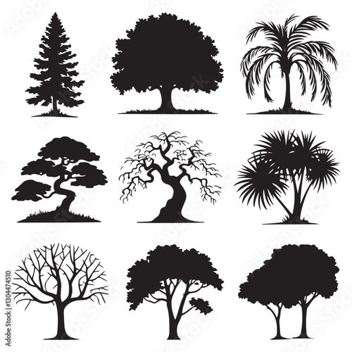 Detailed tree silhouettes of various trees on white background silhouette tree set highly detailed tree silhouette set