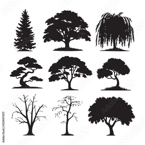 Detailed tree silhouettes of various trees on white background silhouette tree set highly detailed tree silhouette set