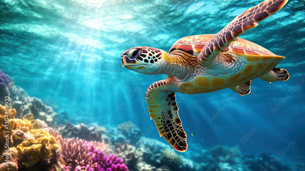 Fototapeta premium Sea Turtle Gliding Through Sunlit Ocean