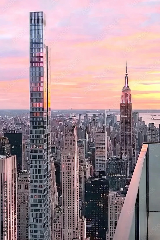 Obraz premium The city's highest building offers a unique perspective on the New York sunset, with dazzling sunlight illuminating Manhattan and the Hudson River, symbolizing the impressive architectural landmark