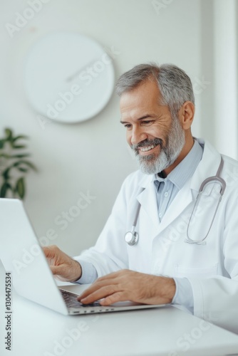 Smiling doctor working on laptop in bright office, showcasing pr