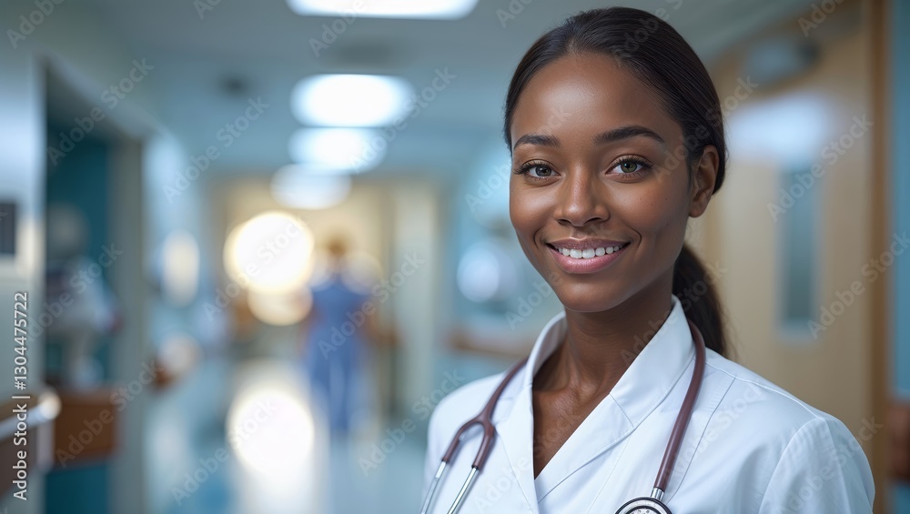 Smiling healthcare professional in hospital corridor during daytime shift Smiling healthcare professional in hospital corridor during daytime shift