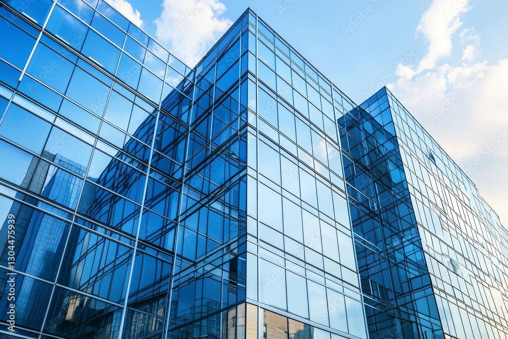 The exterior of a contemporary office building, featuring large glass panels, is displayed up close The exterior of a contemporary office building, featuring large glass panels, is displayed up close