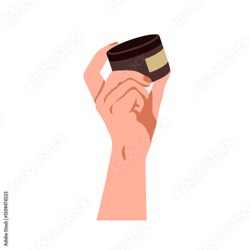 Cosmetic jar in hand. Woman holding beauty product, body skincare cream, moisturizing hair mask. Moisturizer, balm, healthy skin care lotion. Flat vector illustration isolated on white background