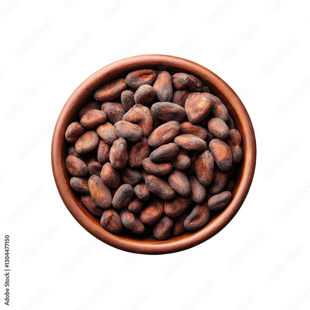 Fototapeta premium Close-up view of a bowl filled with cocoa beans, featuring rich, dark hues set against a transparent backdrop.