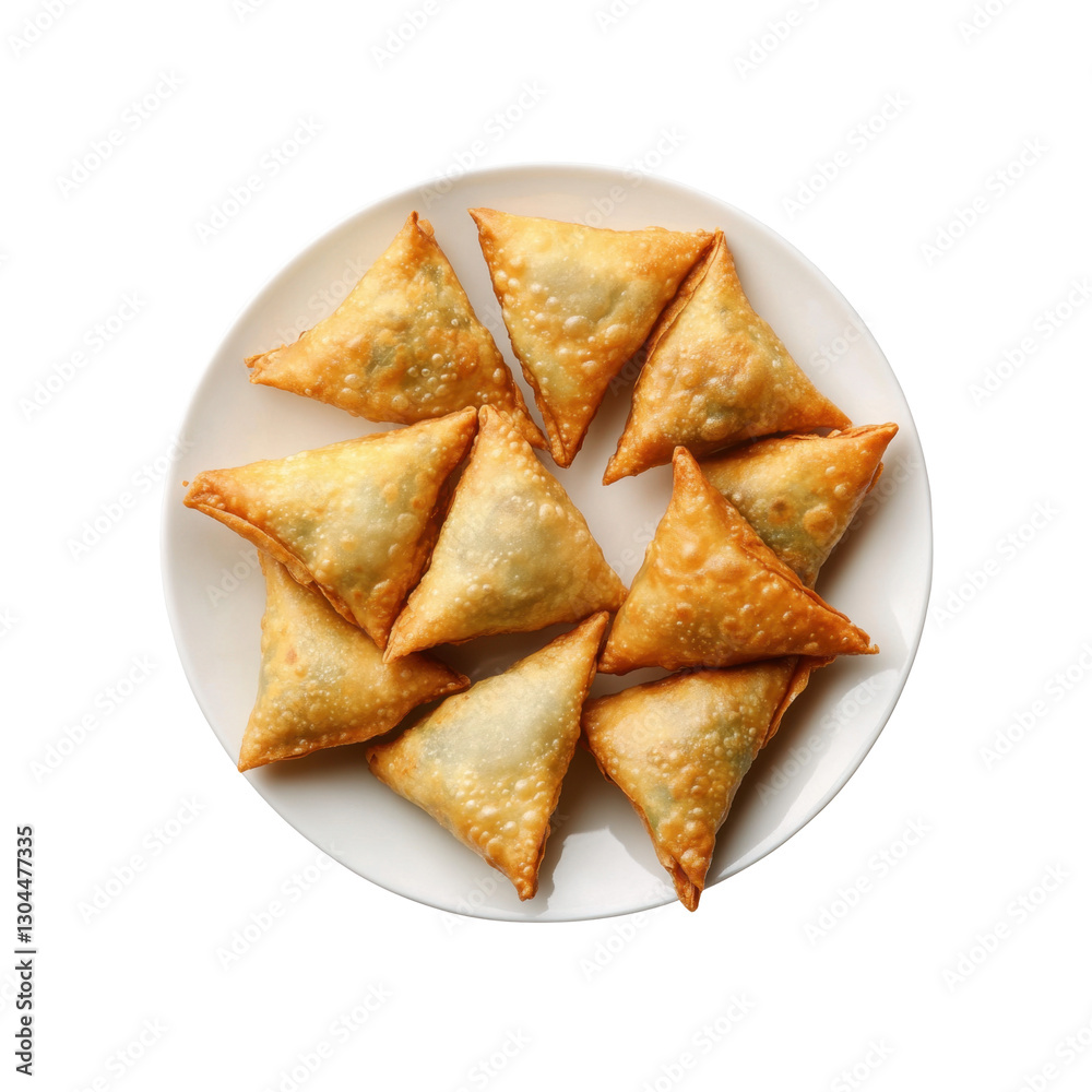 Delicious Indian samosas are neatly arranged on a white plate, highlighting their golden-brown crispy exterior and flavorful fillings. Delicious Indian samosas are neatly arranged on a white plate, highlighting their golden-brown crispy exterior and flavorful fillings.