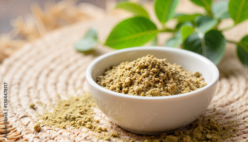 Porcelain bowl filled with herbal powder on woven mat, natural wellness Porcelain bowl filled with herbal powder on woven mat, natural wellness