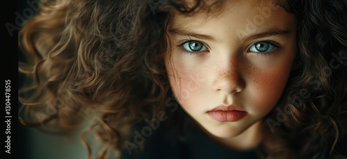 Portrait of a young girl with curly hair and striking blue eyes, showcasing natural beauty, copy space for text