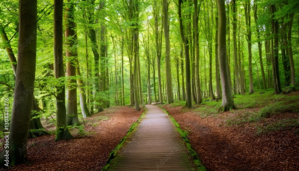 Wooden walkway crossing a green spring beech forest in Leuven, Belgium, creating a beautiful natural tunnel Wooden walkway crossing a green spring beech forest in Leuven, Belgium, creating a beautiful natural tunnel