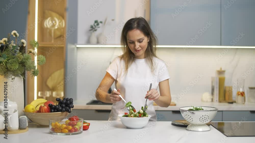 Healthy food, cheerful woman preparing vegetables salad with avocado, red peppers and tomatoes, mixing salad ingredients, home kitchen. Healthy food, cheerful woman preparing vegetables salad with avocado, red peppers and tomatoes, mixing salad ingredients, home kitchen.