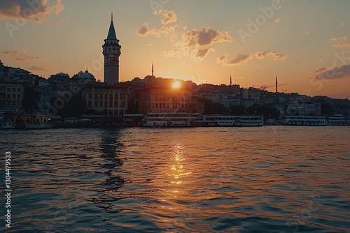 Galata Tower, situated in Istanbul's Beyoğlu district, is a historic building that provides a view of Karaköy at sunset