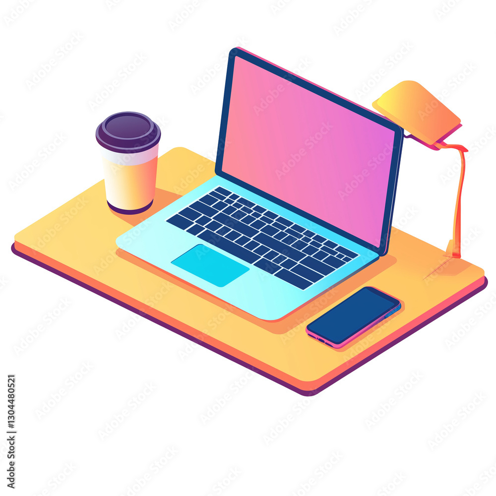 Clean and simple office setup: A laptop on a modern table with a coffee cup, perfect for business presentations and work-from-home designs. Clean and simple office setup: A laptop on a modern table with a coffee cup, perfect for business presentations and work-from-home designs.