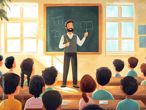 Teacher standing in front of a blackboard, holding chalk, in a bright classroom filled with students