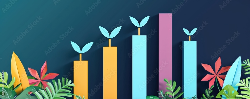 Colorful bar graph with leaves on dark background representing growth and nature Colorful bar graph with leaves on dark background representing growth and nature