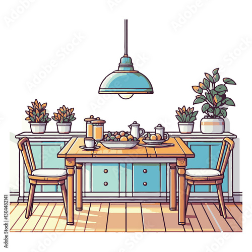 A straightforward drawing of a dining table and chairs with two potted plants, a vase of flowers, and