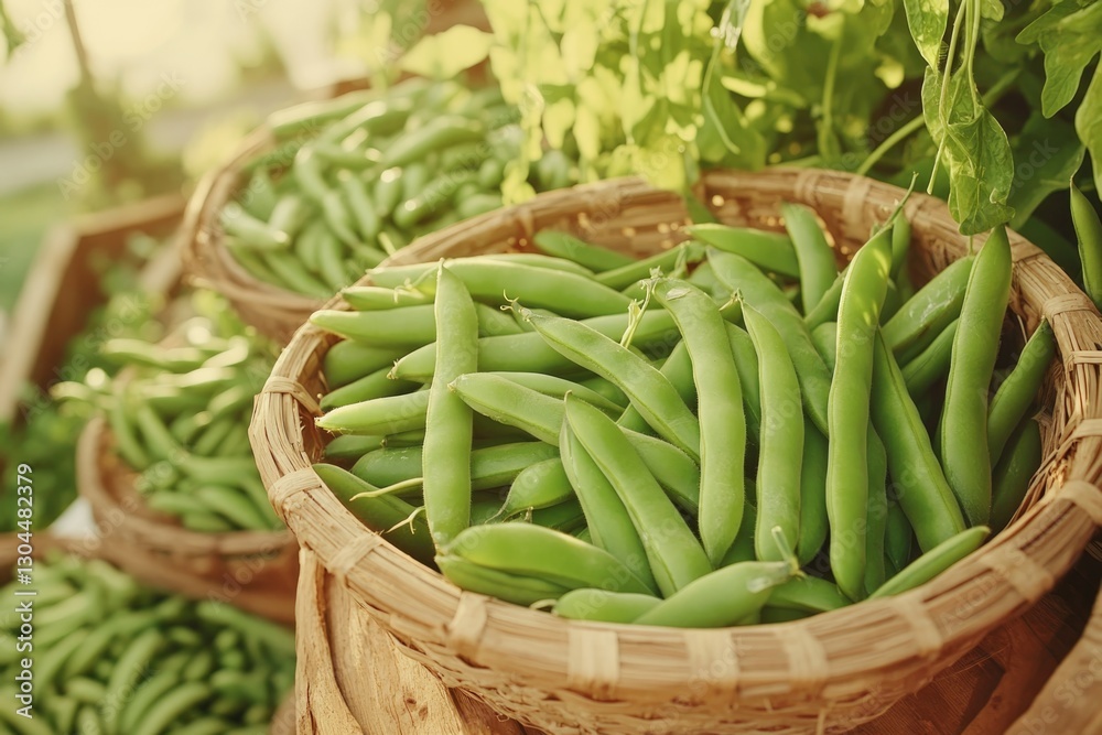 Freshly Harvested Snap Peas and Green Beans Displayed in Rustic Baskets at a Summer Garden Market Freshly Harvested Snap Peas and Green Beans Displayed in Rustic Baskets at a Summer Garden Market
