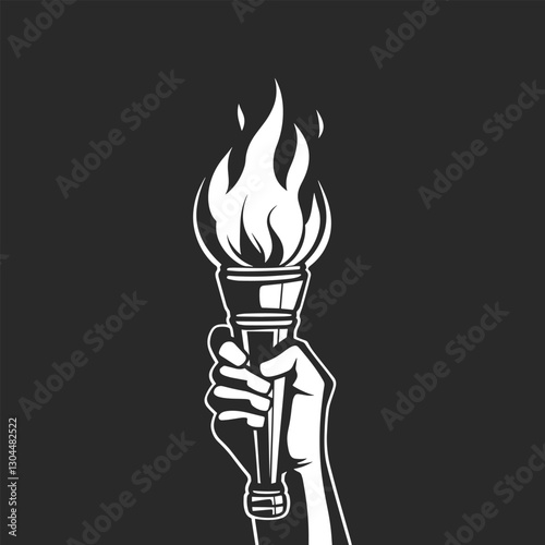 Black and white silhouette of a hand holding a flaming torch symbolizing power strength freedom and leadership perfect for stock illustrations branding and design.