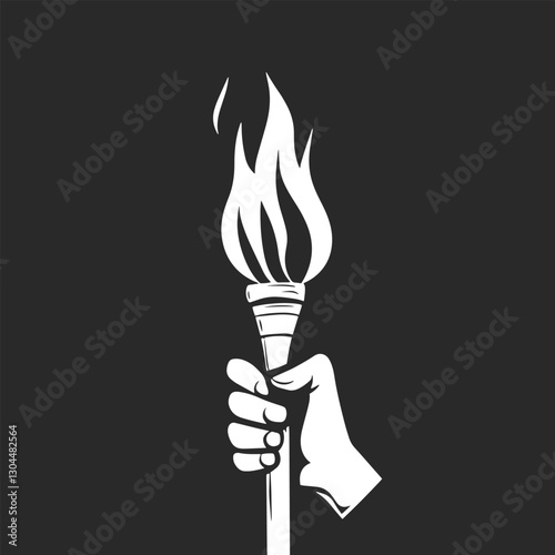 Black and white silhouette of a hand holding a flaming torch symbolizing power strength freedom and leadership perfect for stock illustrations branding and design.