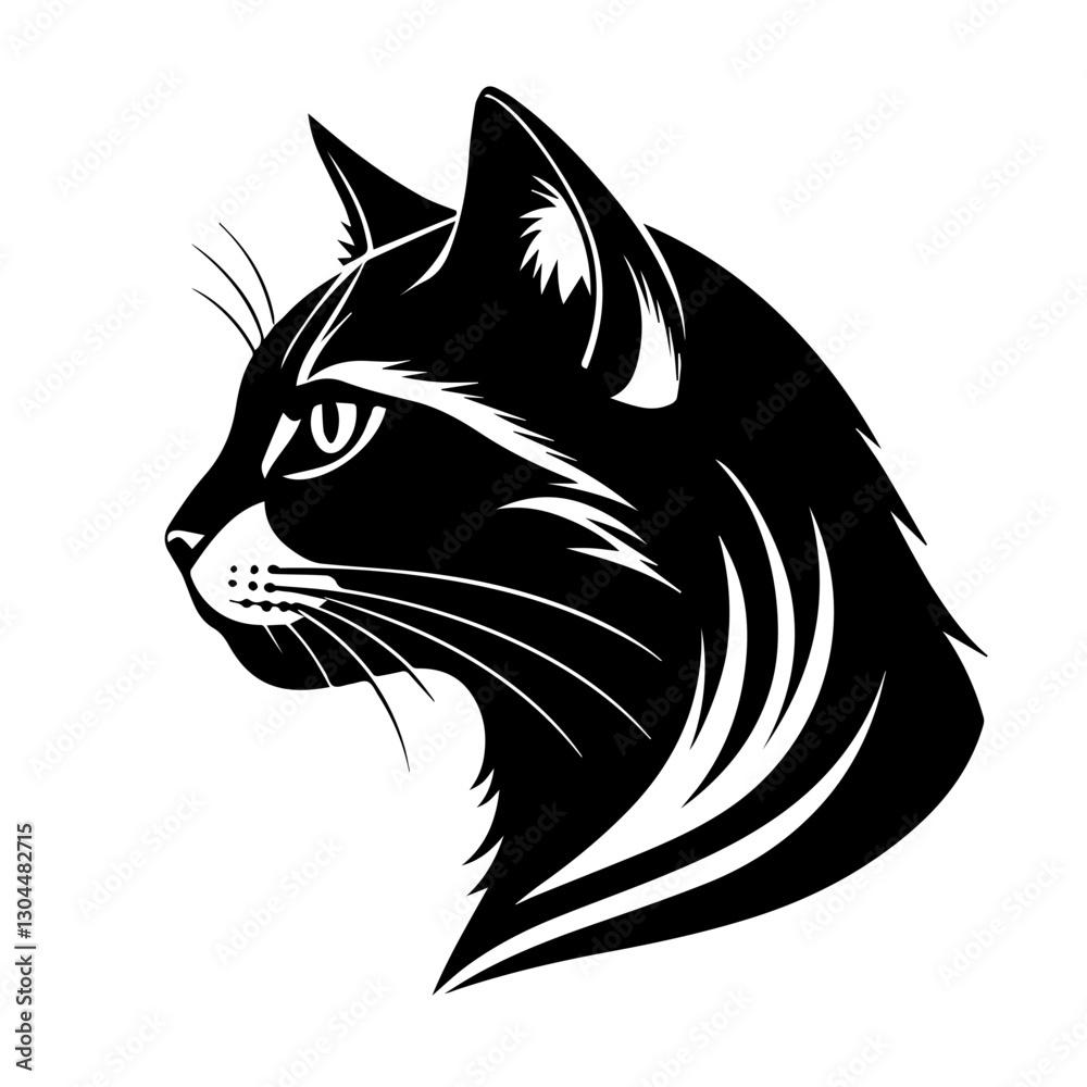 Detailed black vector portrait of a cat in profile on a white background, with an emphasis on expressive stripes and contours that emphasize its grace and elegance Detailed black vector portrait of a cat in profile on a white background, with an emphasis on expressive stripes and contours that emphasize its grace and elegance