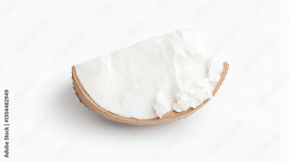 Half of coconut with white flesh, isolated on a clean white background. Perfect for food or tropical themes. Half of coconut with white flesh, isolated on a clean white background. Perfect for food or tropical themes.