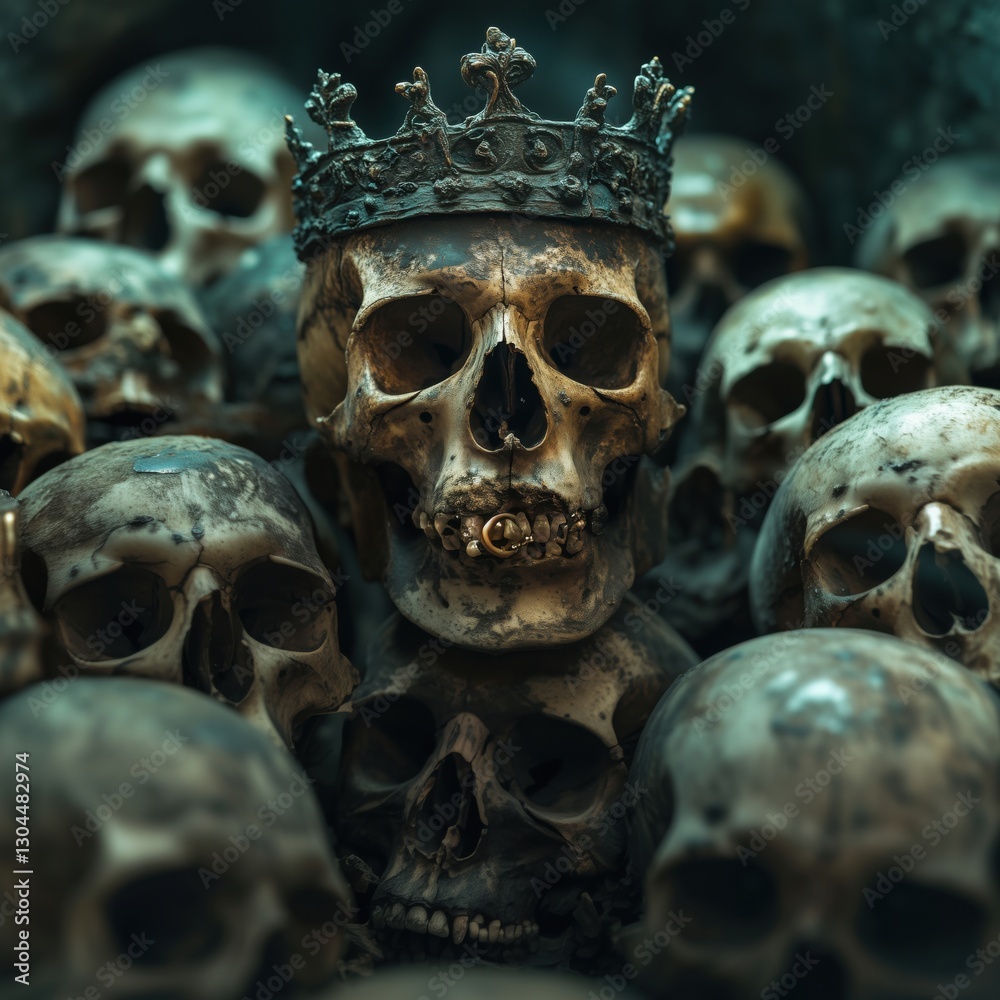 Crowned skull among ancient skulls symbolizing mortality and power, copy space for text Crowned skull among ancient skulls symbolizing mortality and power, copy space for text