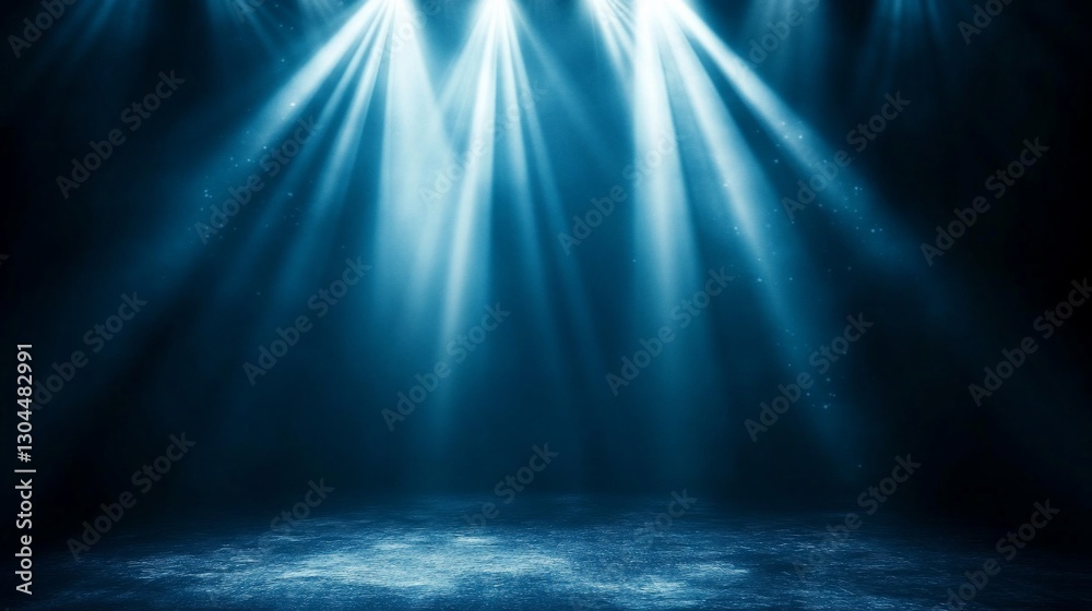Fototapeta premium Blue stage lights shine on a dark floor in a spotlight backdrop. Event usage