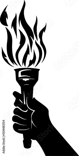 Black and white silhouette of a hand holding a flaming torch symbolizing power strength freedom and leadership perfect for stock illustrations branding and design.