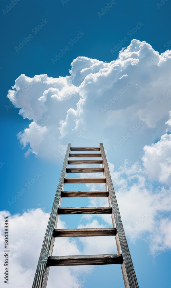 Ladder reaching upward to bright blue sky and fluffy white clouds for ambition and success concept Ladder reaching upward to bright blue sky and fluffy white clouds for ambition and success concept