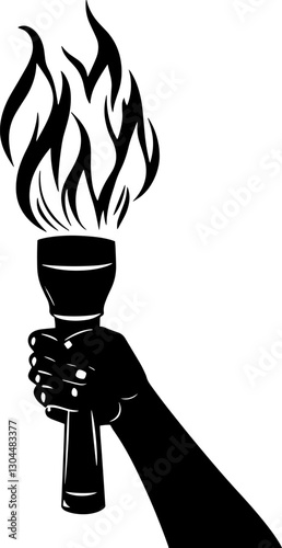 Black and white silhouette of a hand holding a flaming torch symbolizing power strength freedom and leadership perfect for stock illustrations branding and design.