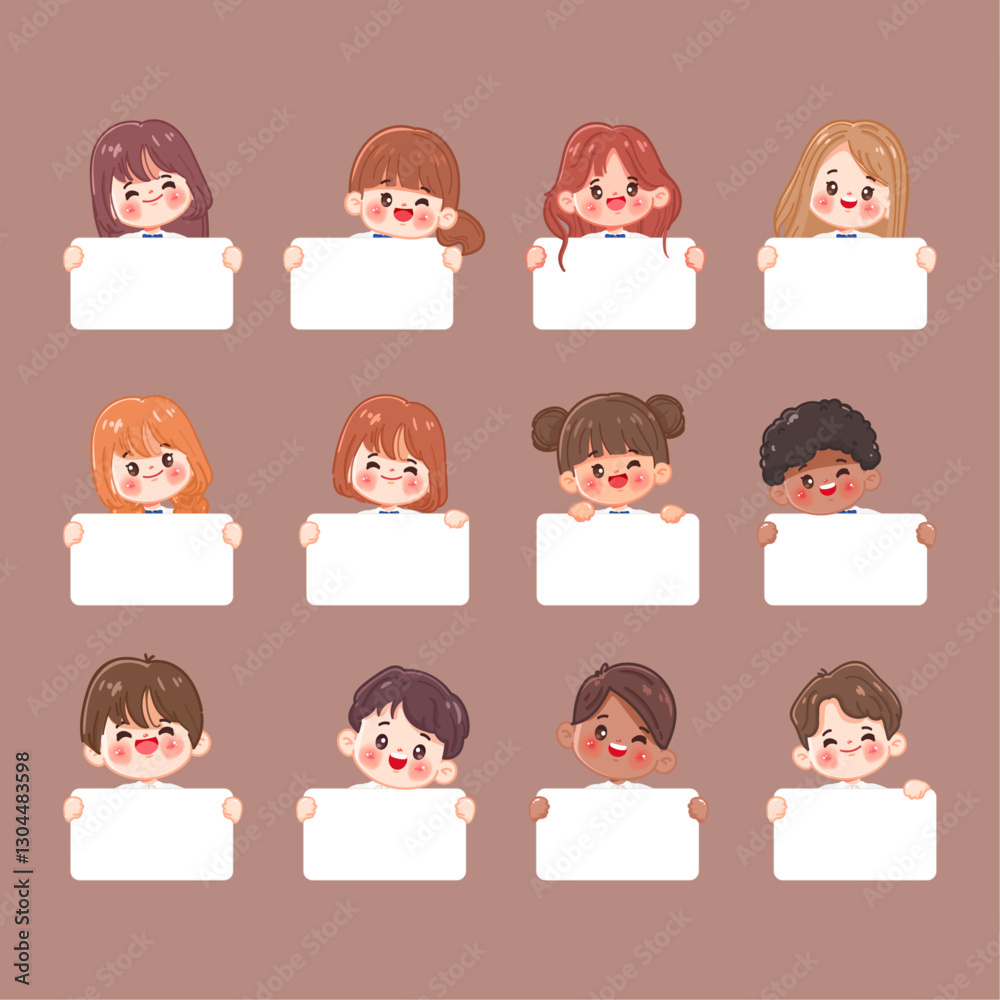 Cute cartoon kid student holding white placard for message displays, labels, educational. Vector premium. Cute cartoon kid student holding white placard for message displays, labels, educational. Vector premium.