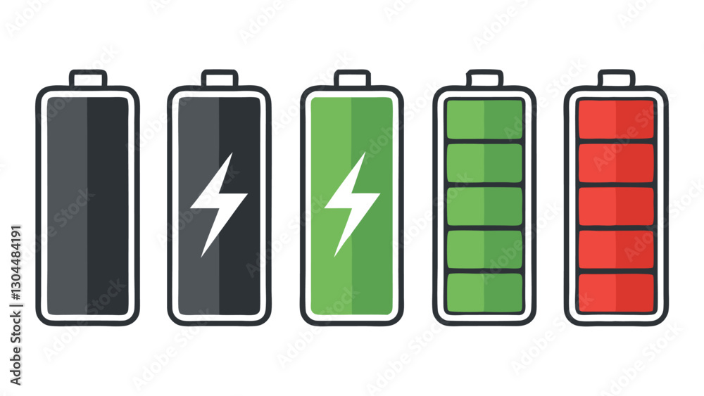 Battery level indicator showing different charge statuses, energy consumption and power management concept, electricity efficiency and charging process illustration.
Battery level indicator showing different charge statuses, energy consumption and power management concept, electricity efficiency and charging process illustration.