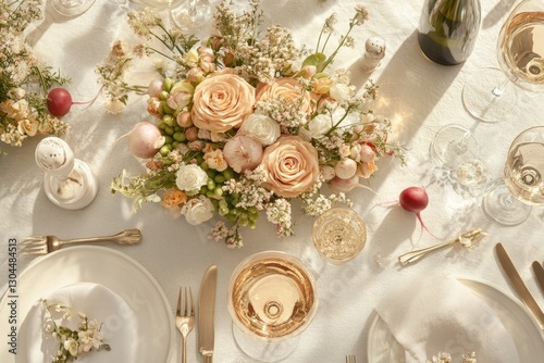 Gourmet Spring Vegetable Platter Artfully Arranged on an Elegant Table Setting With Floral Centerpiece and Fine Glassware