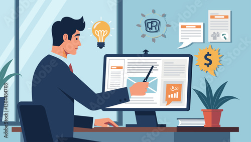 Businessman executing email advertising campaign, concept of direct digital marketing, sending online ads to targeted customers