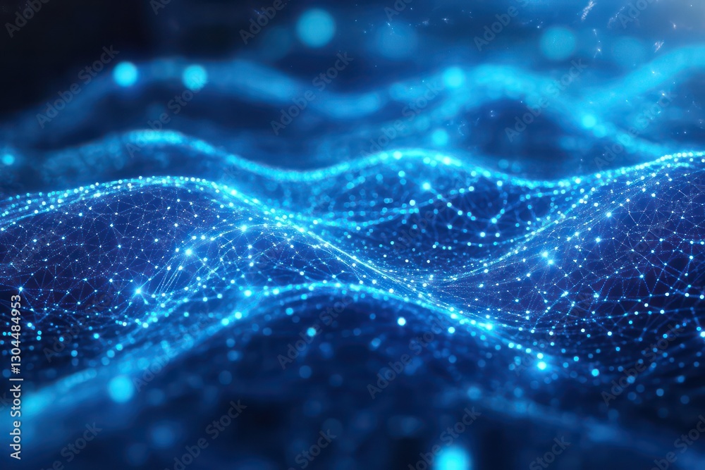 A digital illustration of blue-colored data exchanges flowing through a network of computer connections, symbolizing technological innovation.