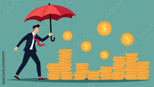 Businessman Protecting Investments with Umbrella and Dollar Coins During Market Crash