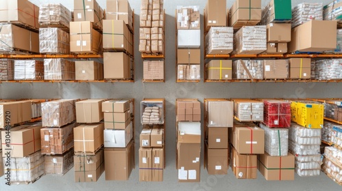 Aerial View of Large Distribution Center with Packed Boxes and Goods