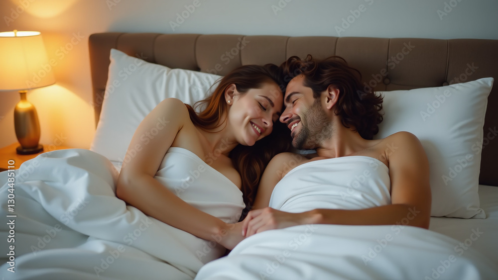 romantic couple lies together peacefully comfortable bed home romantic couple lies together peacefully comfortable bed home