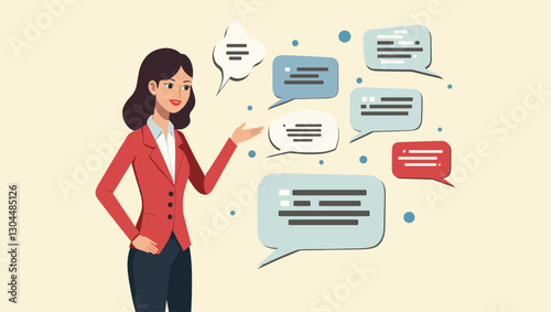 Businesswoman Communicating Through Speech Bubbles and Messages