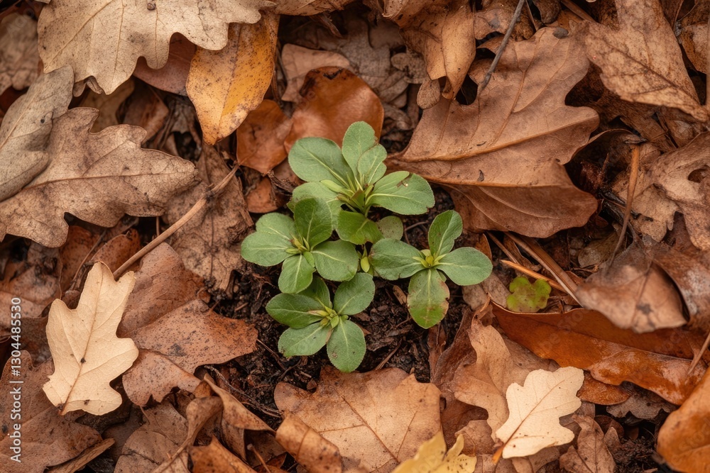 Green Shoot Oak Featuring a Tiny Sprout Emerging From Autumn Leaves on a Forest Floor in a Serene Woodland Setting Green Shoot Oak Featuring a Tiny Sprout Emerging From Autumn Leaves on a Forest Floor in a Serene Woodland Setting