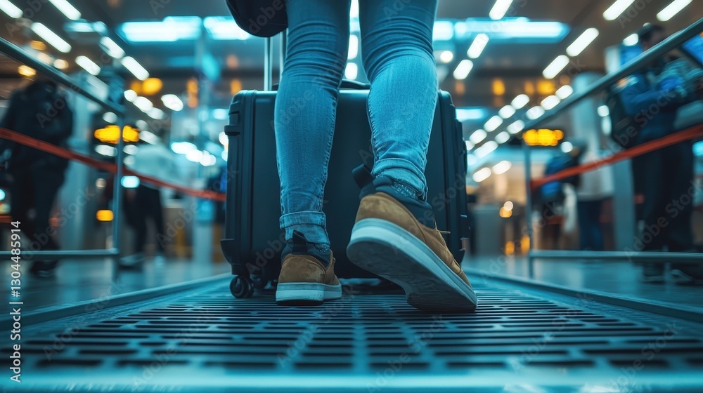 Fototapeta premium Travel adventure airport journey with luggage busy terminal close-up perspective