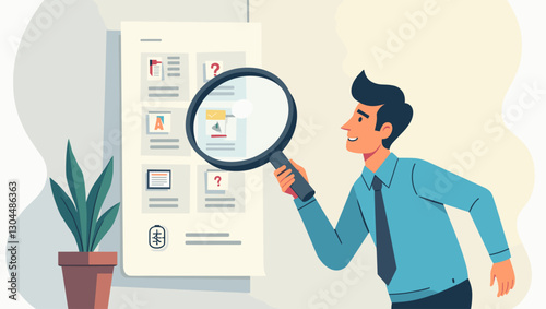 Man using magnifying glass to search for answers, representing the pursuit of knowledge, investigation, and problem-solving in various contexts
