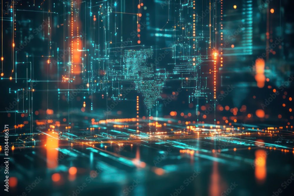 Fototapeta premium A digital transformation concept, with a world map and interconnected lines representing global communication networks.