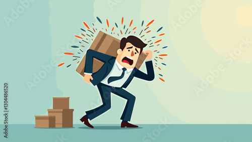 Overwhelmed businessman carrying heavy burden, struggling with stress and workload in challenging corporate environment