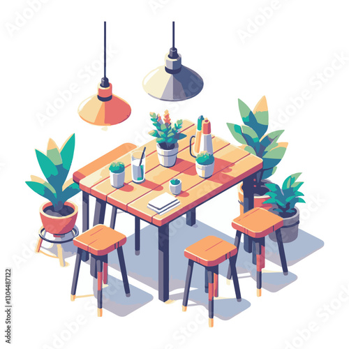 A straightforward drawing of a dining room table with two chairs, a flower vase, and two framed photos