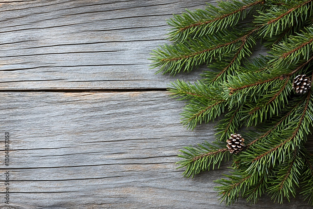 Evergreen boughs on weathered wood surface Evergreen boughs on weathered wood surface