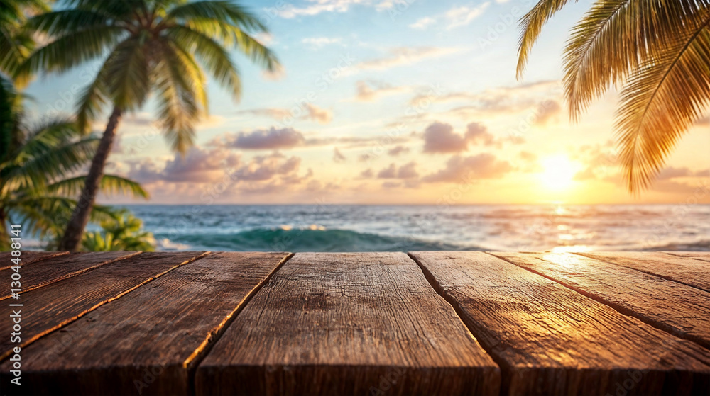 Empty wooden table with blurred ocean view and palm trees at sunset in the background. Empty wooden table with blurred ocean view and palm trees at sunset in the background.