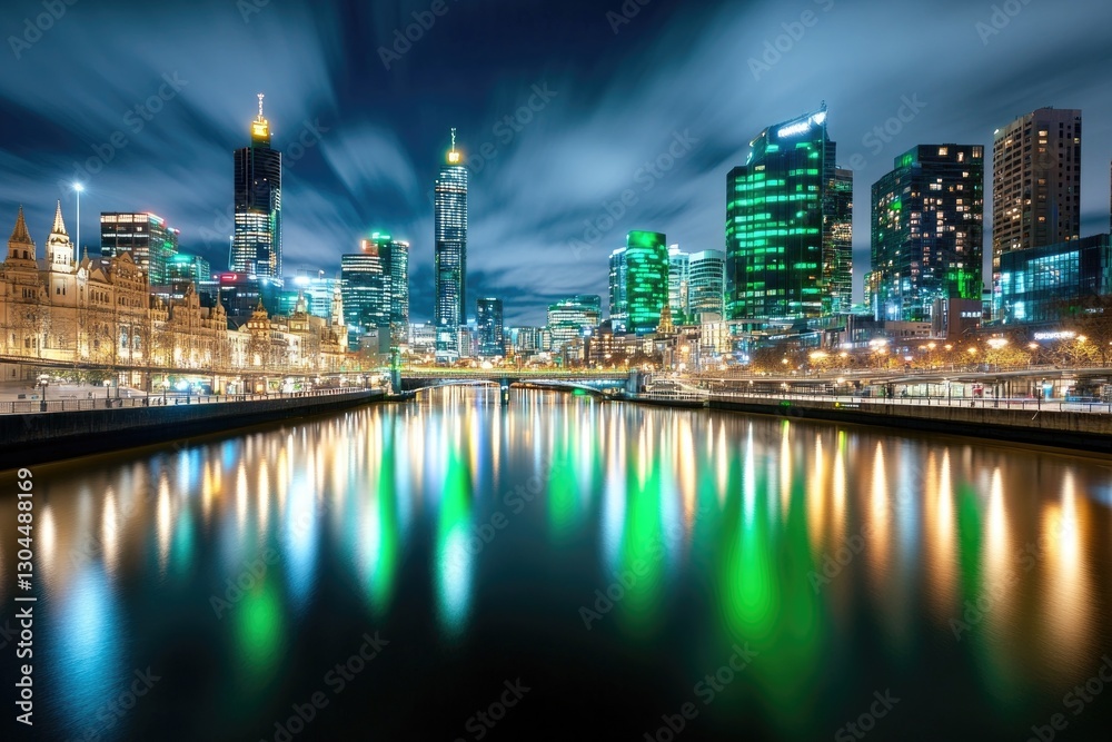 Fototapeta premium Festive night skyline with green illuminated cityscape under cloudy sky by water