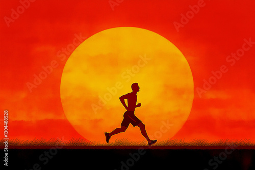 Athlete morning run against rising sun - New Yorker style illustration