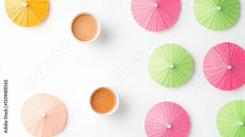 Colorful umbrellas with two cups of coffee on white surface