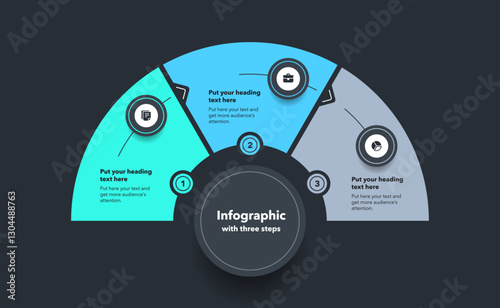 Circular infographic diagram divided into three steps - dark version. Flat design with minimalistic icons and place for your texts.